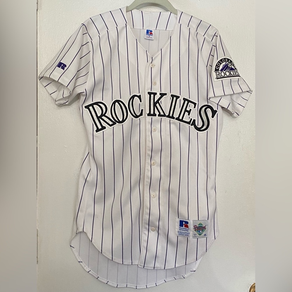 Russell Athletic Colorado Rockies White Pinstripe Baseball Jersey